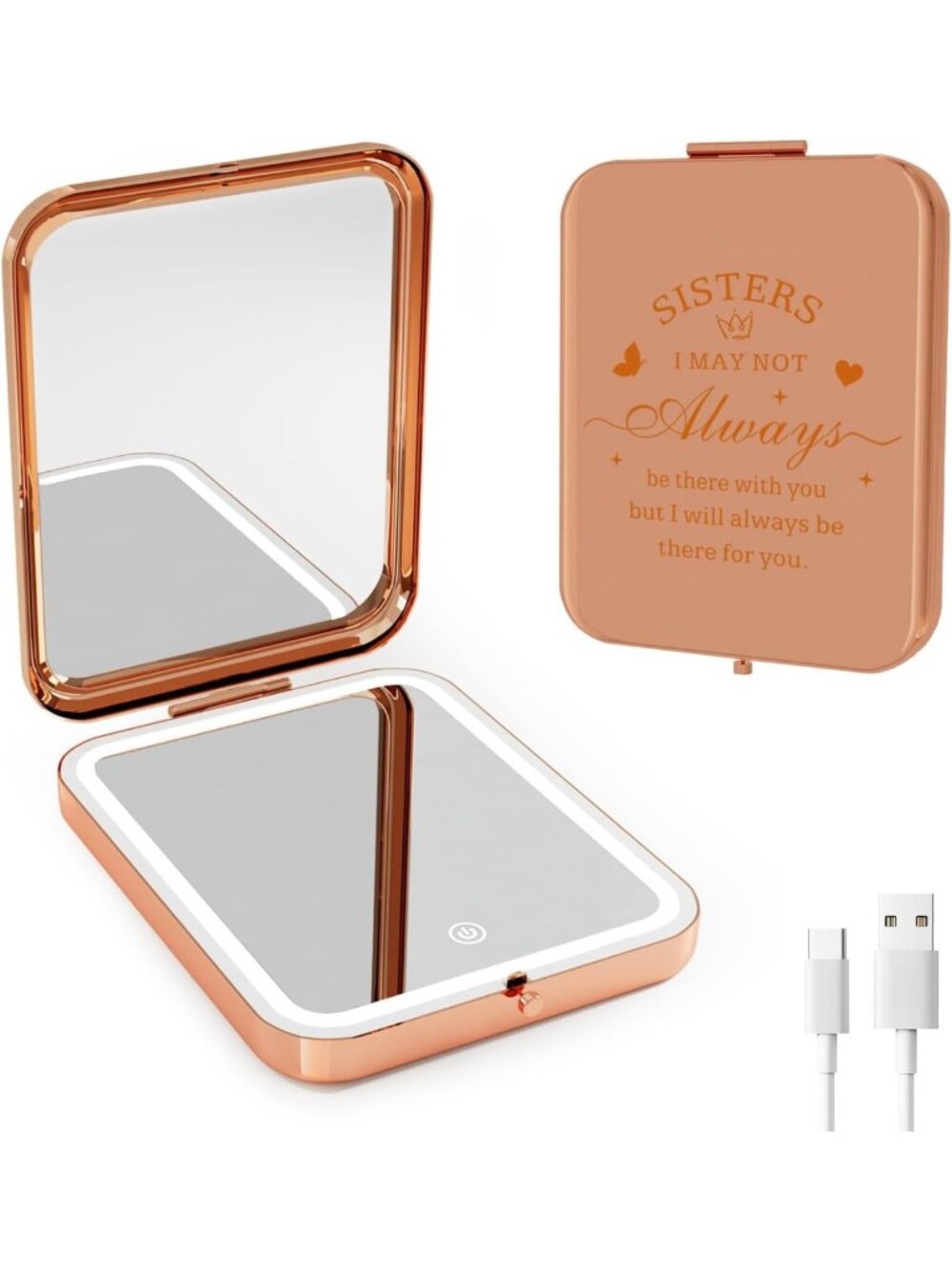 Rechargeable LED Compact Mirror - Rose Gold Pocket Mirror for Sisters & Friends
